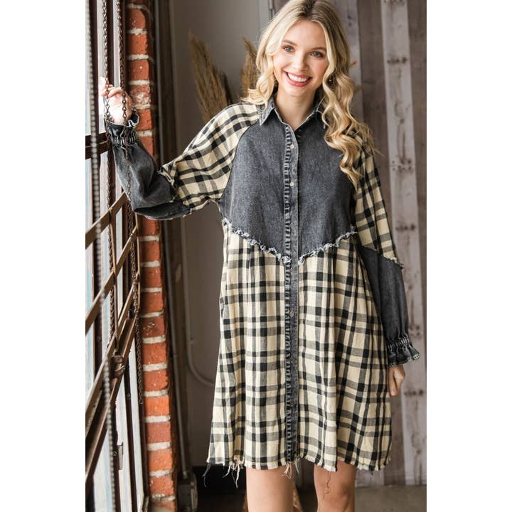 Veveret - Wholesale Dress - Women's - Plaid Contrast Denim Dress