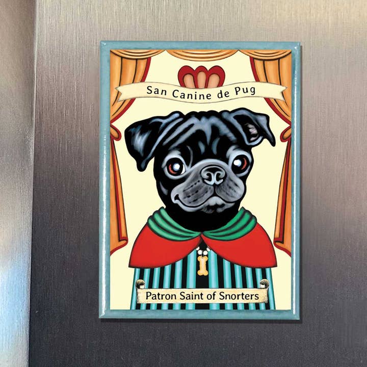 Retro Pets - Wholesale Magnet - Black Pug 'Saint of Snorters' 4-Pack Magnets
