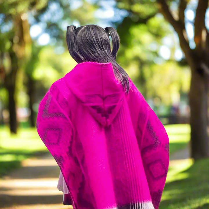 Macas - Alpaca Wool Kids Unisex South American Handwoven Hooded Poncho - kids sizes - bright pink diamond pattern for wholesale by ECUALAMA