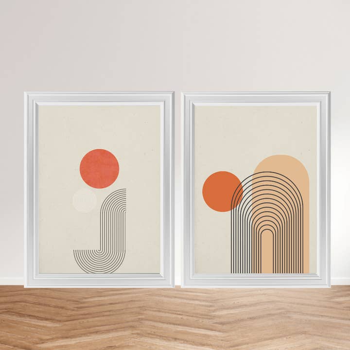 Set di 2 stampe da parete Japandi formato A4 – Poster minimalisti Sole e Geometria per la vendita all'ingrosso da parte di LichtwegOnline