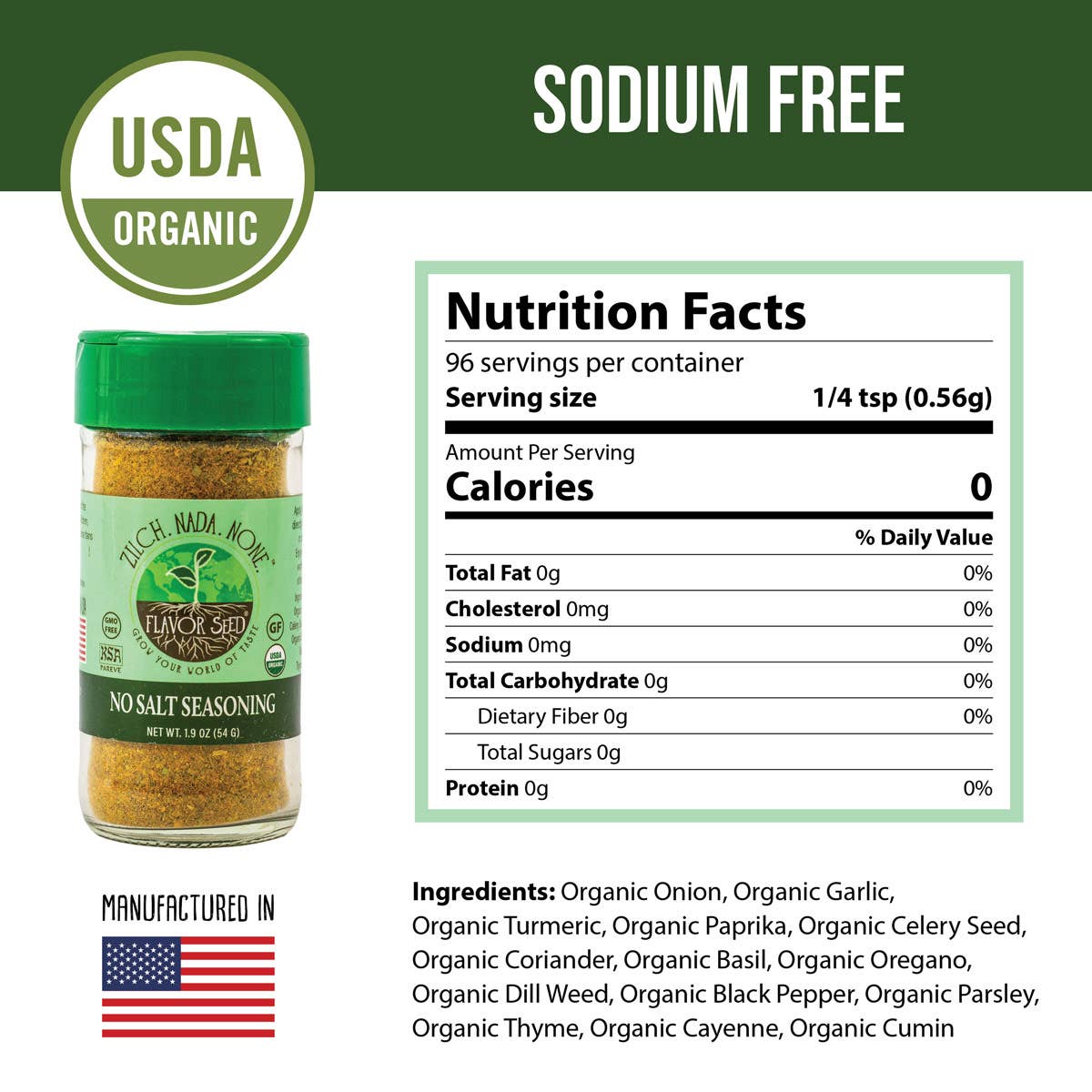 Flavor Seed – wholesale Dried spice mix – Zilch Nada None Sodium Free Organic Seasoning - 1.9 oz1