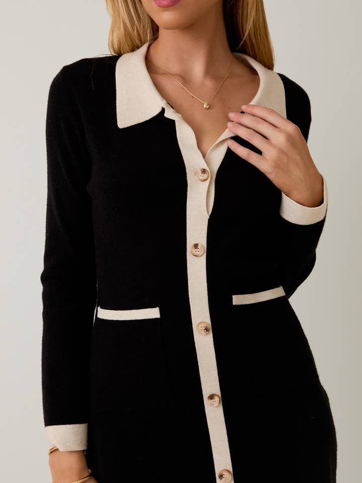 BLACK CREAM 3/4 SLV BUTTON DOWN KNIT DRESS TOP for wholesale on Faire4