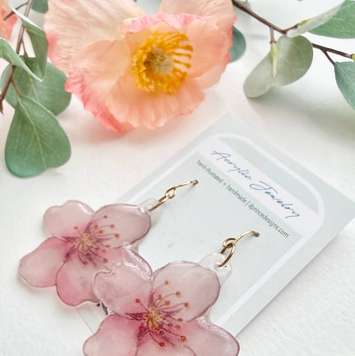 D. Prince Designs - Wholesale Dangle Earrings - Hand-Illustrated Cherry Blossoms | Handmade Acrylic + Resin Dangle Earrings