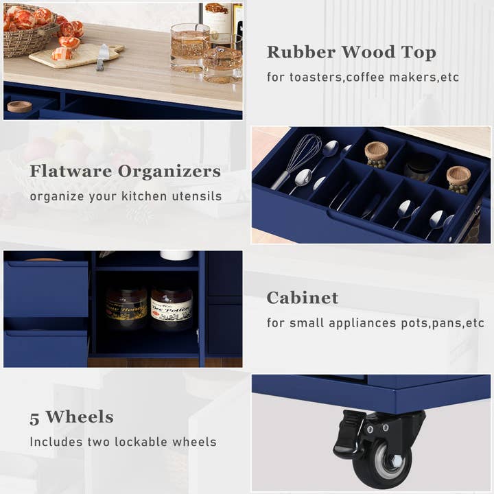 39F Inc. - Wholesale Kitchen Storage/Organizer - 53" Dark Blue Kitchen Island Cart with 8 Drawers & Wood 5