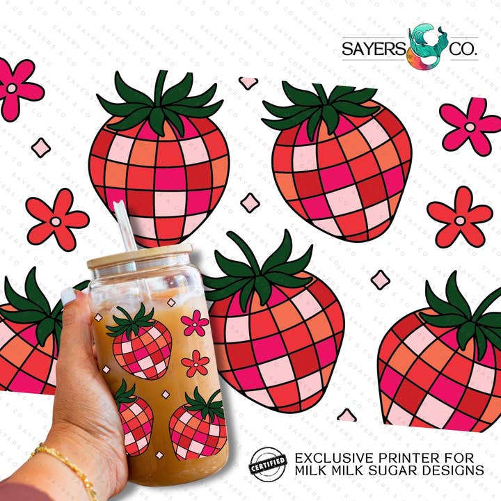 Impression par sublimation imprimée ou impression sur vinyle : imprimante certifiée Lait, lait et sucre, impression par sublimation de fruits Strawberry Disco 16 oz pour la vente par Sayers & Co.