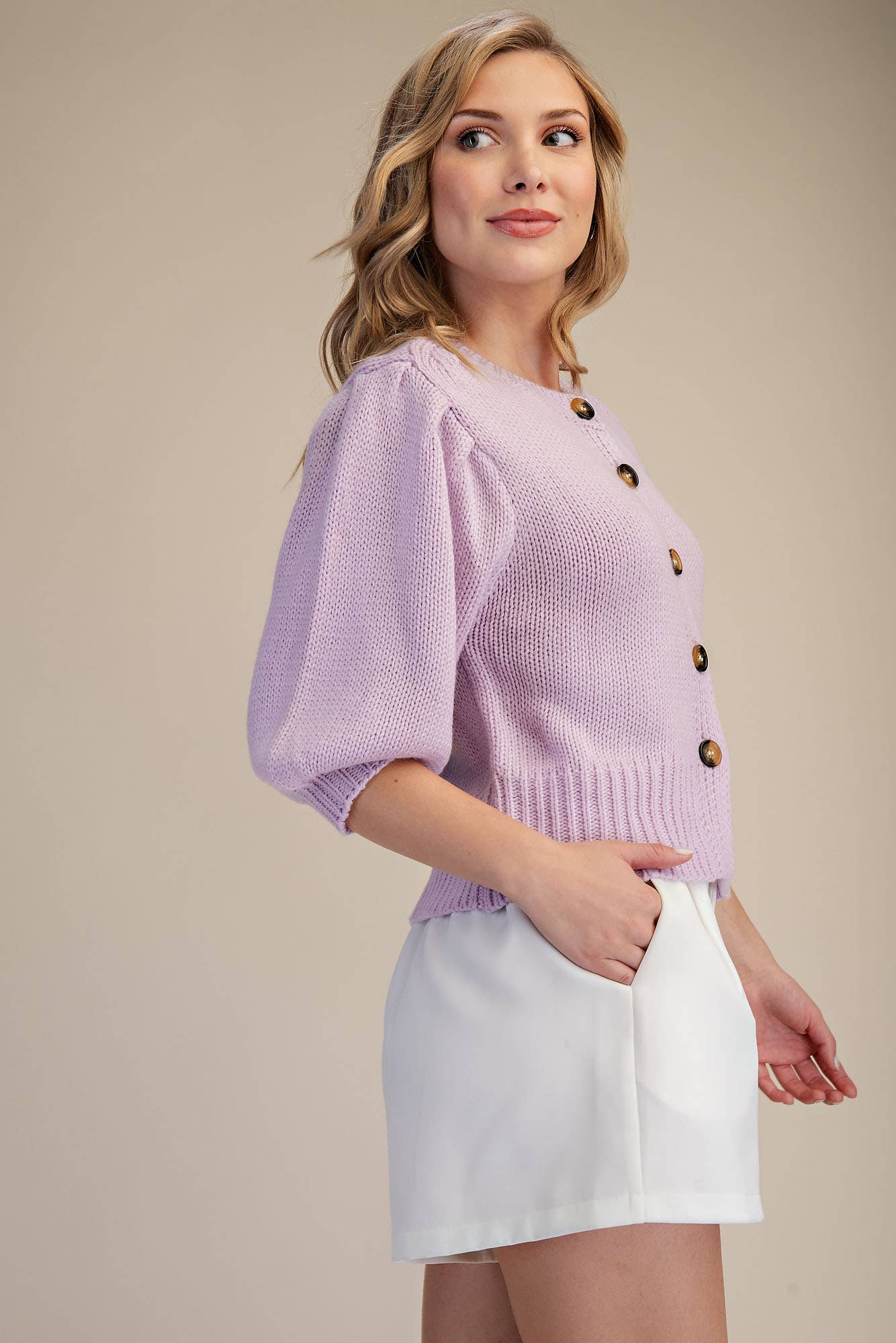 Glam - Wholesale Knit Sweater - Women's - Short Puff Sleeve Button Down Sweater - Reorder Friendly7