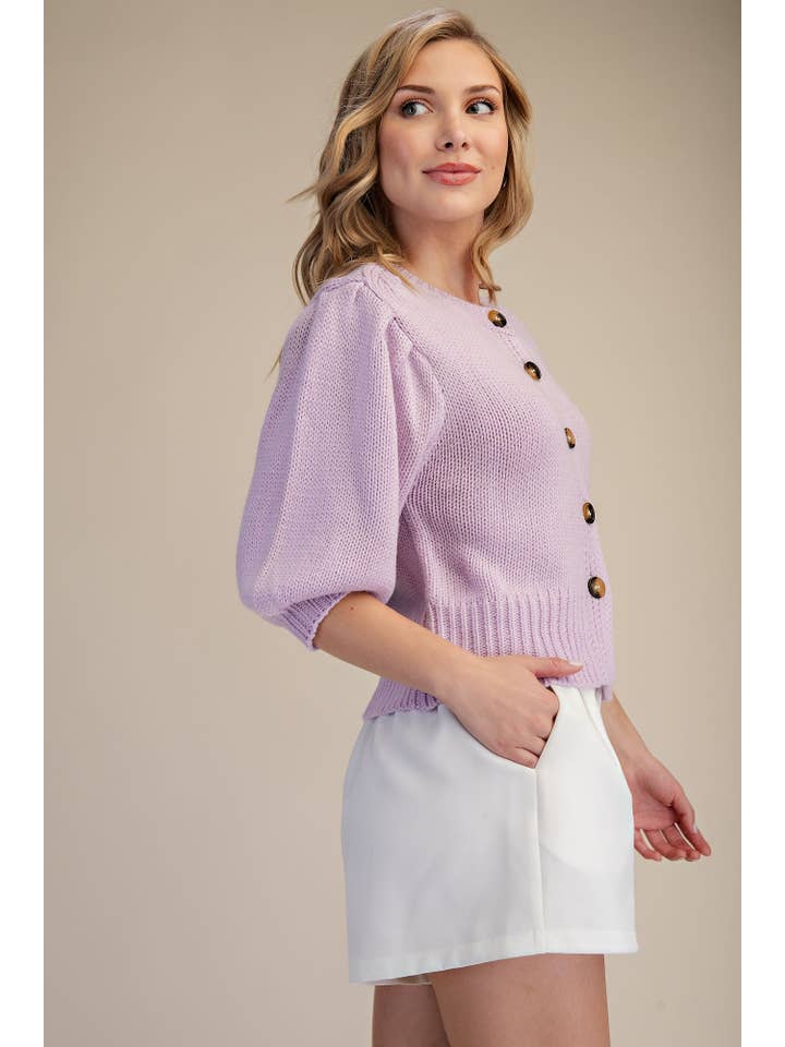 Glam - Wholesale Knit Sweater - Women's - Short Puff Sleeve Button Down Sweater - Reorder Friendly7