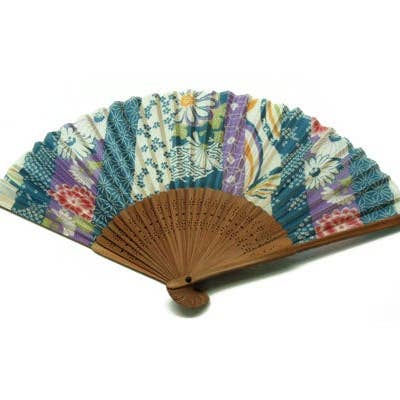 World Treasure Trading - Wholesale Handheld Folding Fan - Silk Fan, Multi-Color Bars Of Blue, White And Purple Flowers