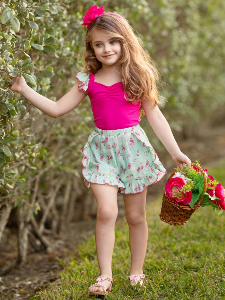 Pink Fuchsia Floral Ruffle Top and Mint Blossom Shorts Set for wholesale on Faire
