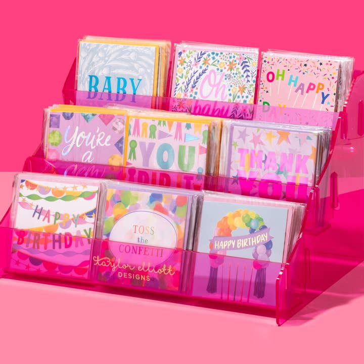 54 Geschenkkarten & Umschläge mit rosa Acrylständer für den Großhandel von Taylor Elliott Designs