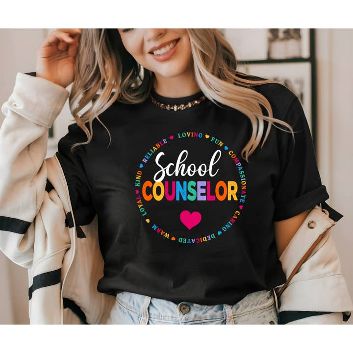 Colorful School Counselor Circle Black Tee for wholesale by The Red Rival Wholesale