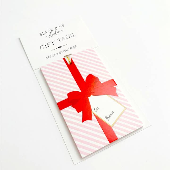 Black Bow Studio - Wholesale Gift Tag - Pink Stripe Red Bow Gift Tags - Set of 82