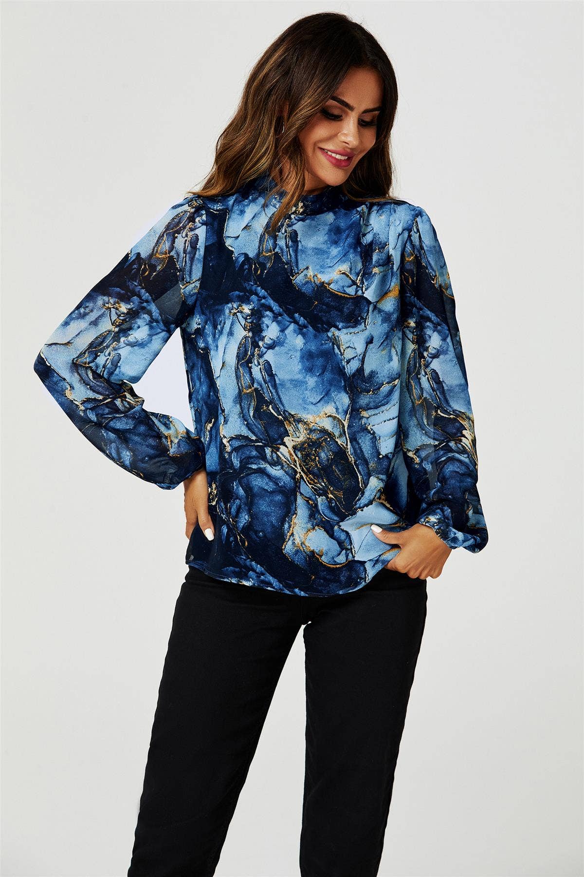 Marble Print Long Sleeve High Neck Top In Navy for wholesale on Faire4