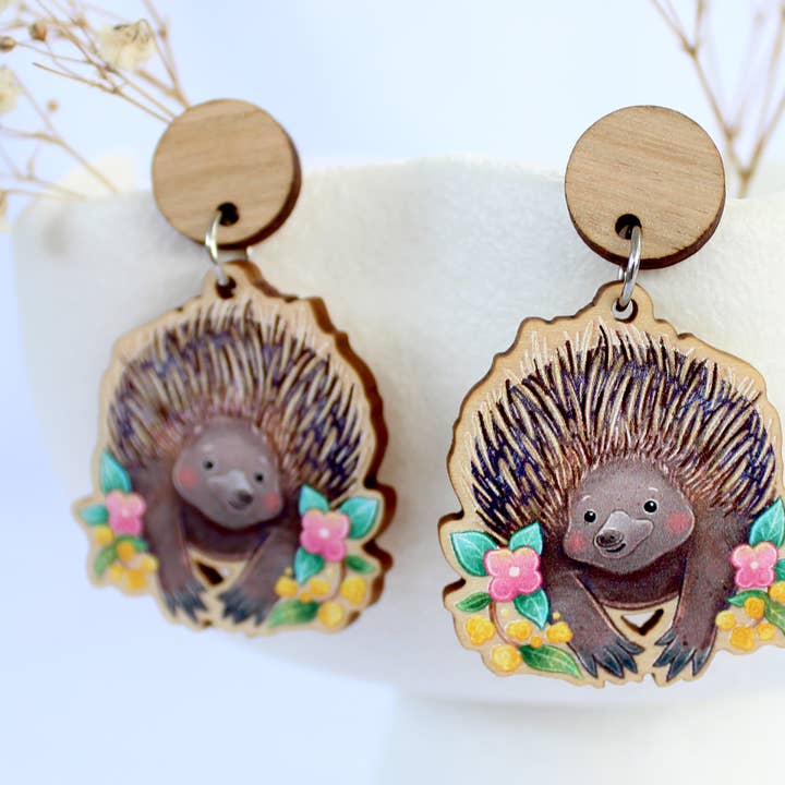 Australian Echidna wooden statement earrings for wholesale by Stray Leaves