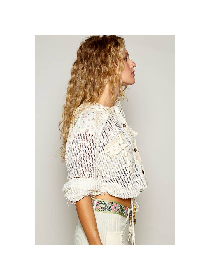 Pol Clothing - Wholesale Jacket - Women's - Vintage washed floral print patch crochet jacket