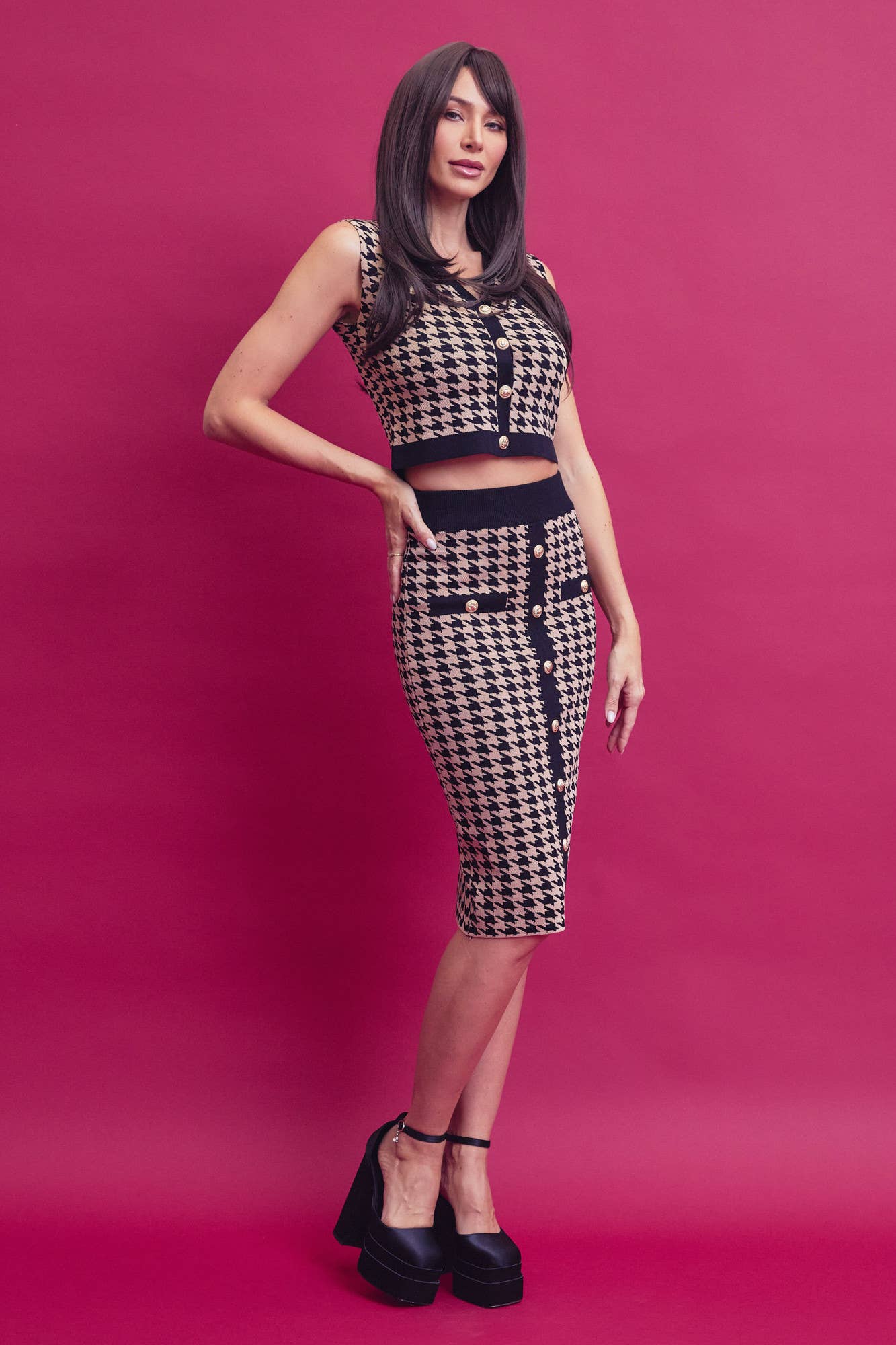 MOCHA BLACK Houndstooth knit top and midi skirt set for wholesale on Faire4
