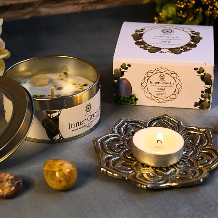 Green Tree – Velas de viagem por atacado – Vela Aromática Green Tree Inner Growth Menta com Pedras Preciosas 70 g2