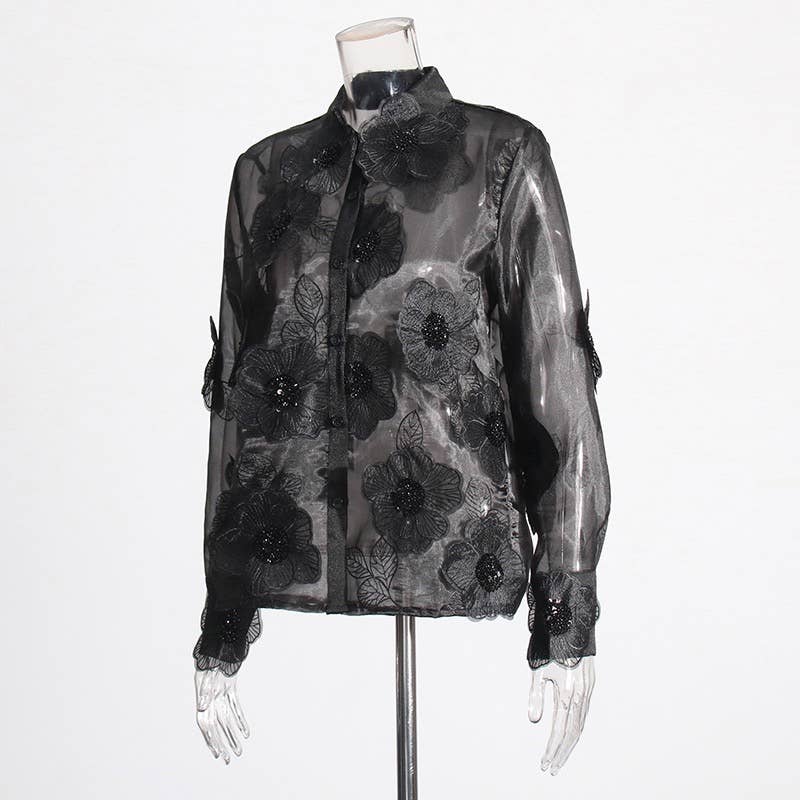 Productseeker - Vente Chemise à col boutonné – femme - Chemise en organza de luxe ST003 avec détails floraux en sequins 3D11
