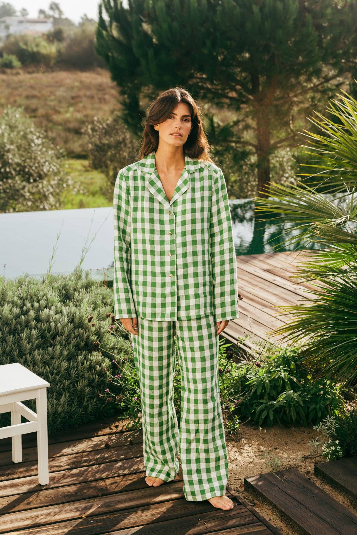 AmourLinen - Wholesale Sleepwear Set - Women's - Long sleeve pyjama set NIGHTLY in Green Gingham10