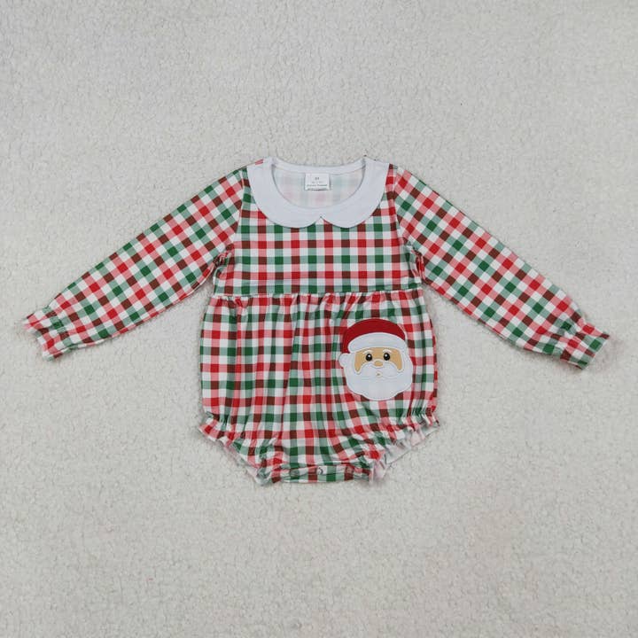 Barboteuses à col à volants à carreaux rouges et verts pour bébé fille avec broderie Père Noël pour la vente par Aier Wholesale