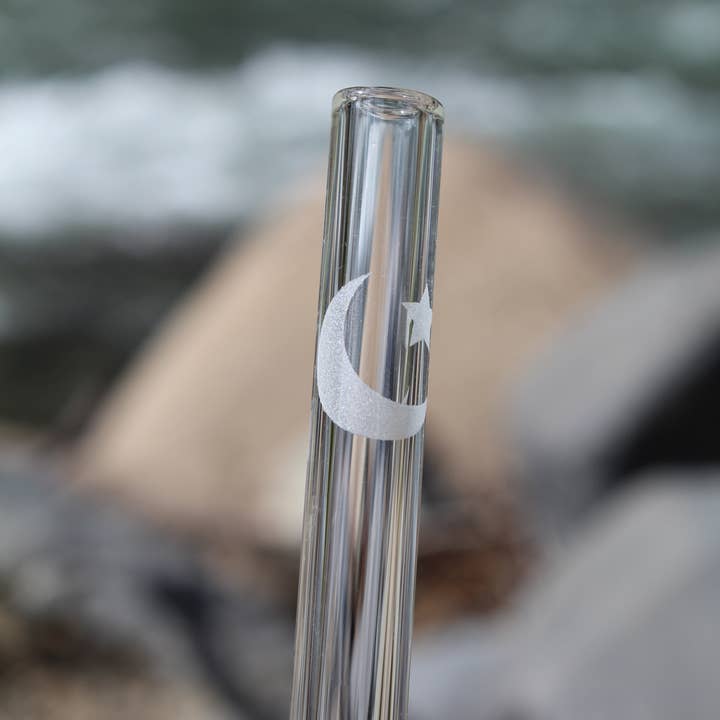 Etched Moon & Star Glass Straw with cleaning brush for wholesale by DrinkingStraws.Glass LLC
