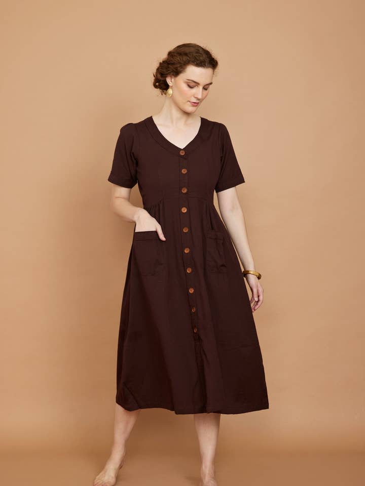 Cotton Flax Dress in Mahogany Brown for wholesale by Pana Mina