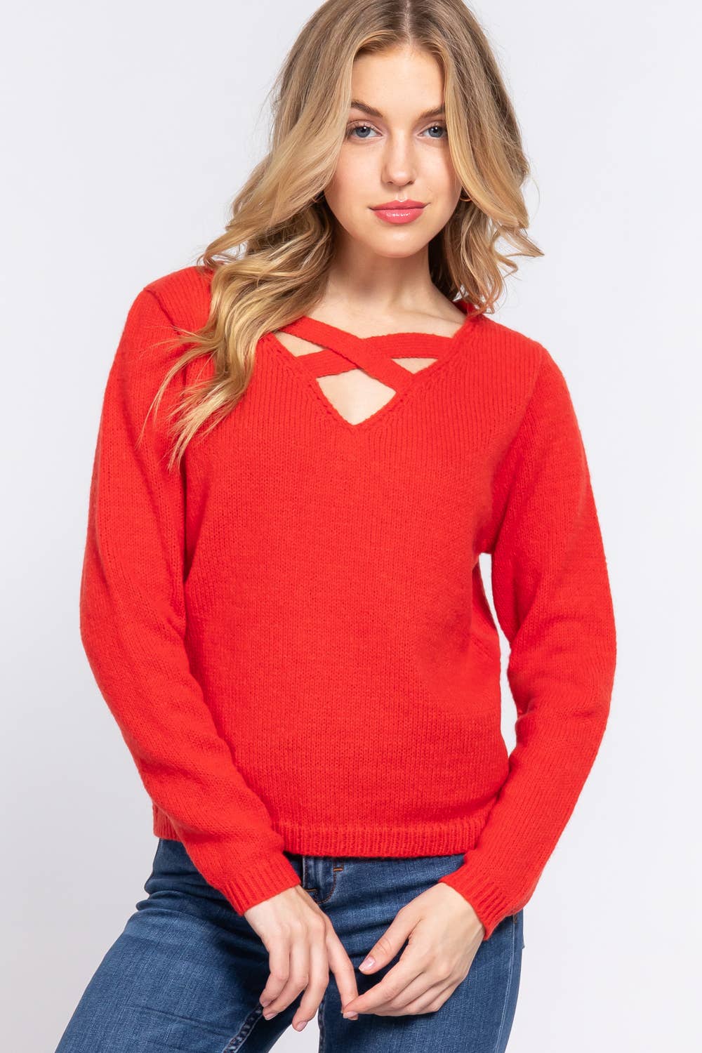 Active Basic | Active USA - Wholesale Knit Sweater - Women's - Long Sleeve V-neck With X Strap Sweater