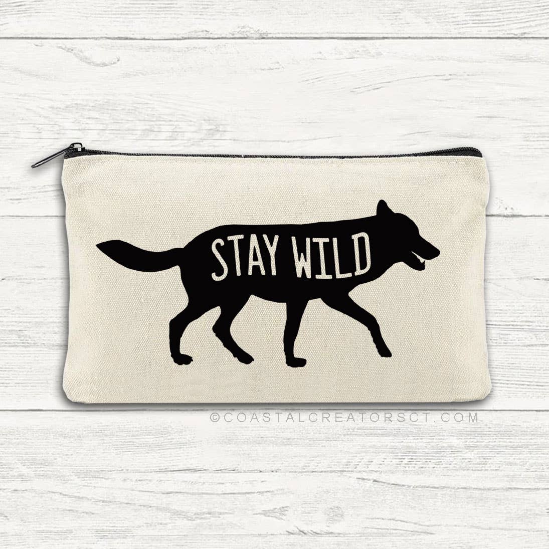 Coastal Creators of Connecticut - Wholesale Pouch - Women's - Stay Wild Wolf Multi-Use Canvas Zipper Travel Pouch2