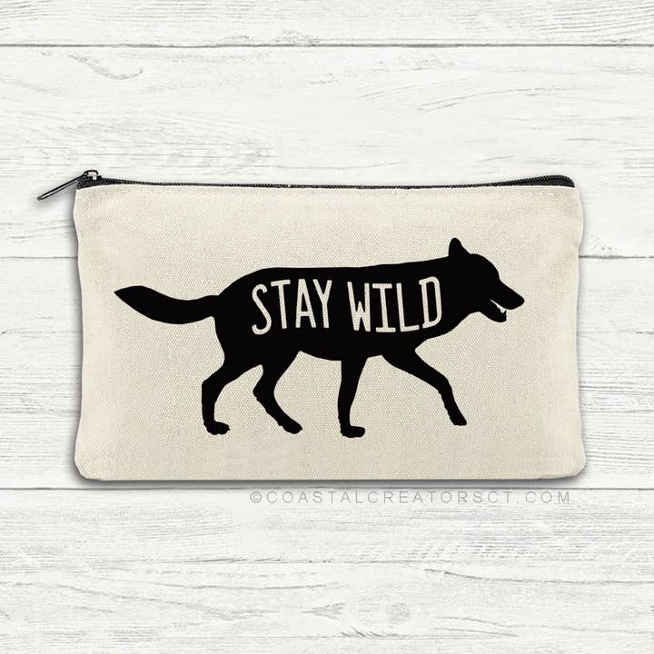 Coastal Creators of Connecticut - Wholesale Pouch - Women's - Stay Wild Wolf Multi-Use Canvas Zipper Travel Pouch2