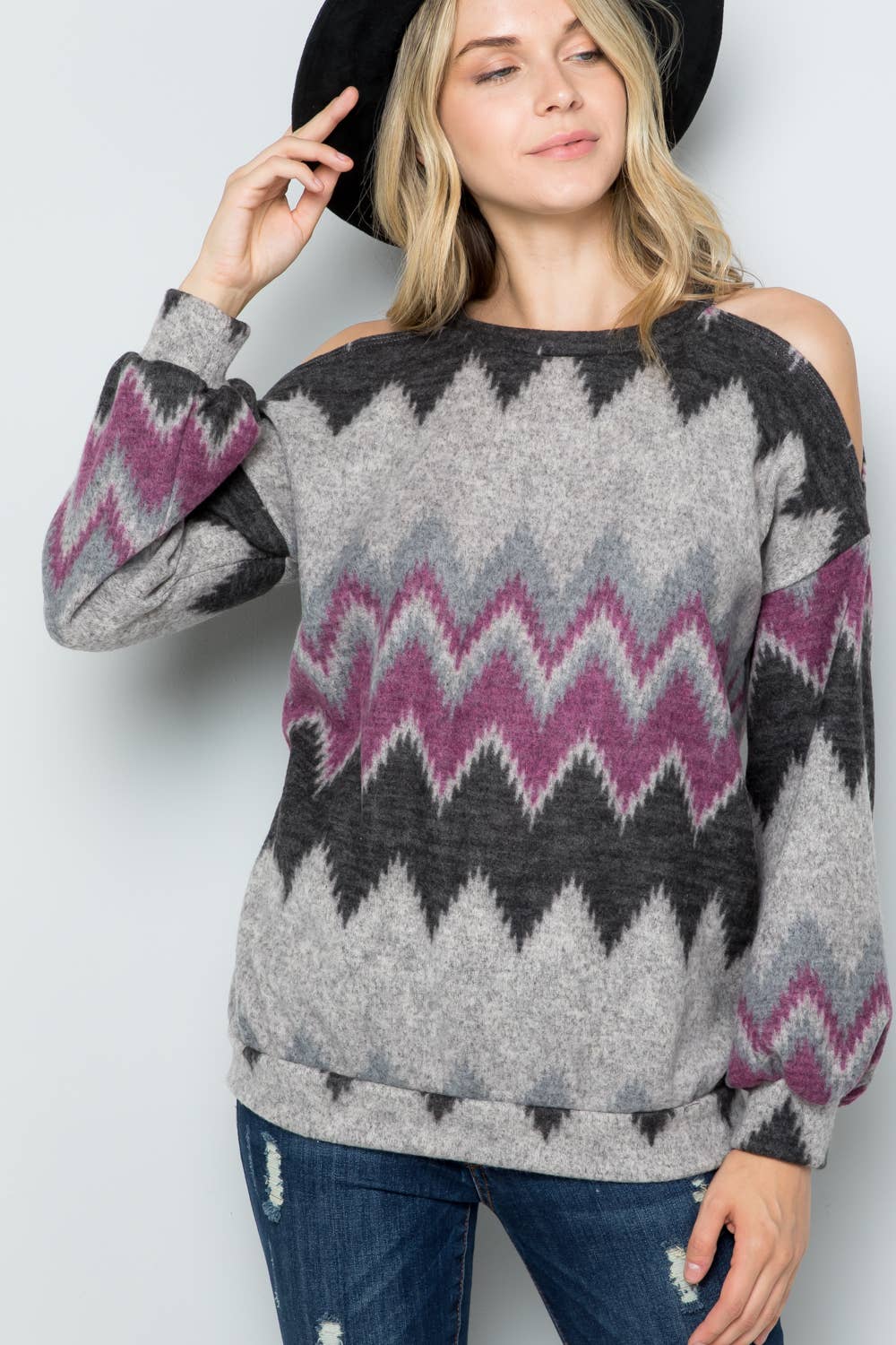 Charcoal Purple OPEN SHOULDER LONG SLEEVE TOP -CT43644E for wholesale on Faire6