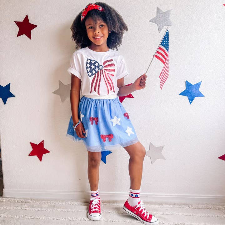 Sweet Wink - Wholesale T-Shirt - Kids - Patriotic Sequin Bow Patch Short Sleeve T-Shirt - Kids