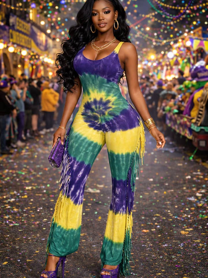 MARDI GRAS SWIRL TIE DYE OPEN BACK FRINGE JUMPSUIT for wholesale by Dalia Studio