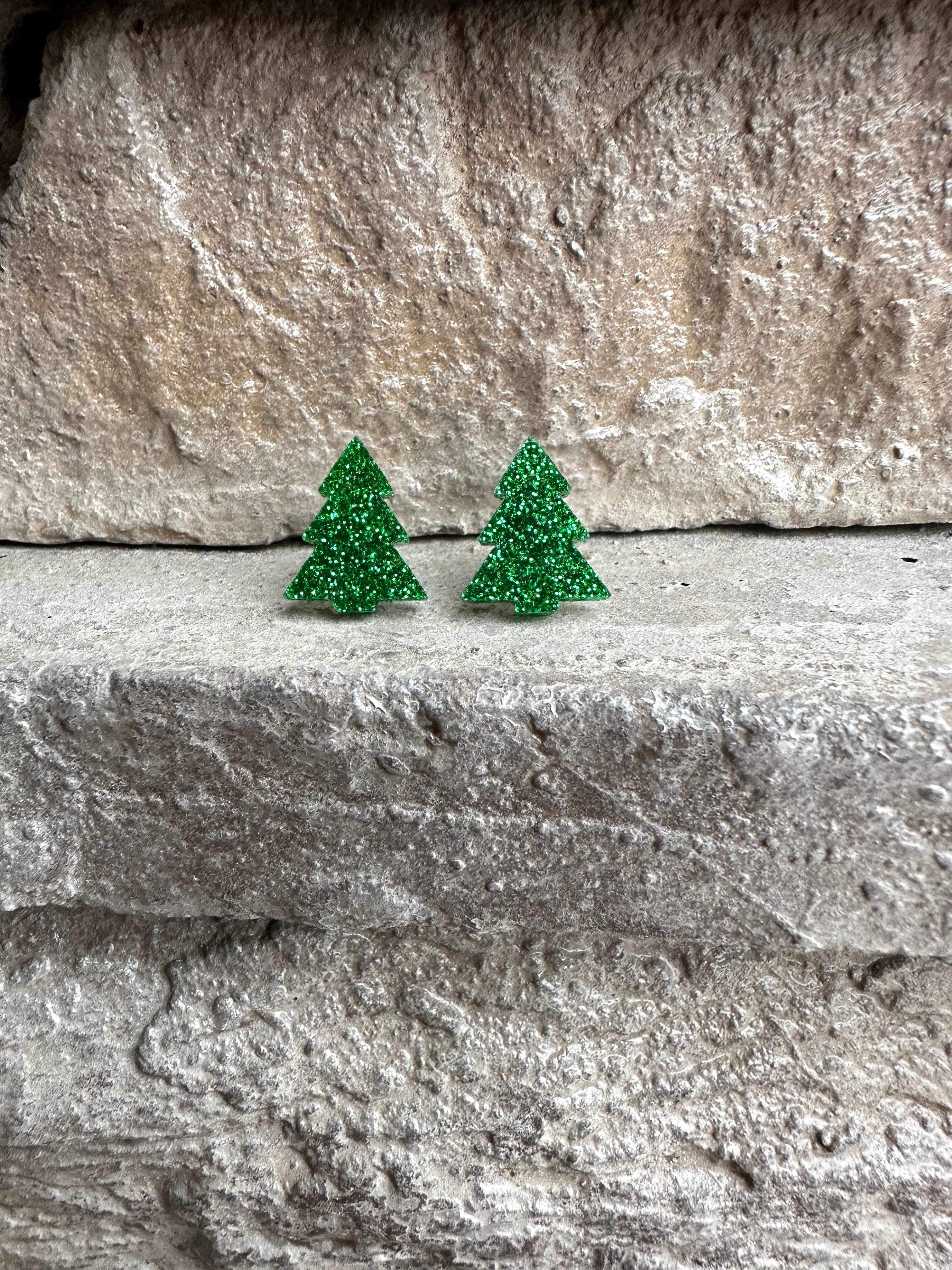 Laser & Color Designs LLC - Vente Clous d'oreille - Clous d'arbre de Noël à paillettes vertes, boucles d'oreilles de Noël