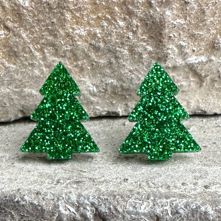 Laser & Color Designs LLC - Vente Clous d'oreille - Clous d'arbre de Noël à paillettes vertes, boucles d'oreilles de Noël0