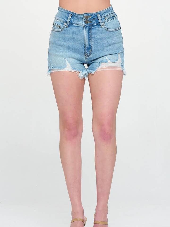 M6204HS - Light Wash - Double Button Distressed Denim Shorts for wholesale by I&M JEAN, INC.