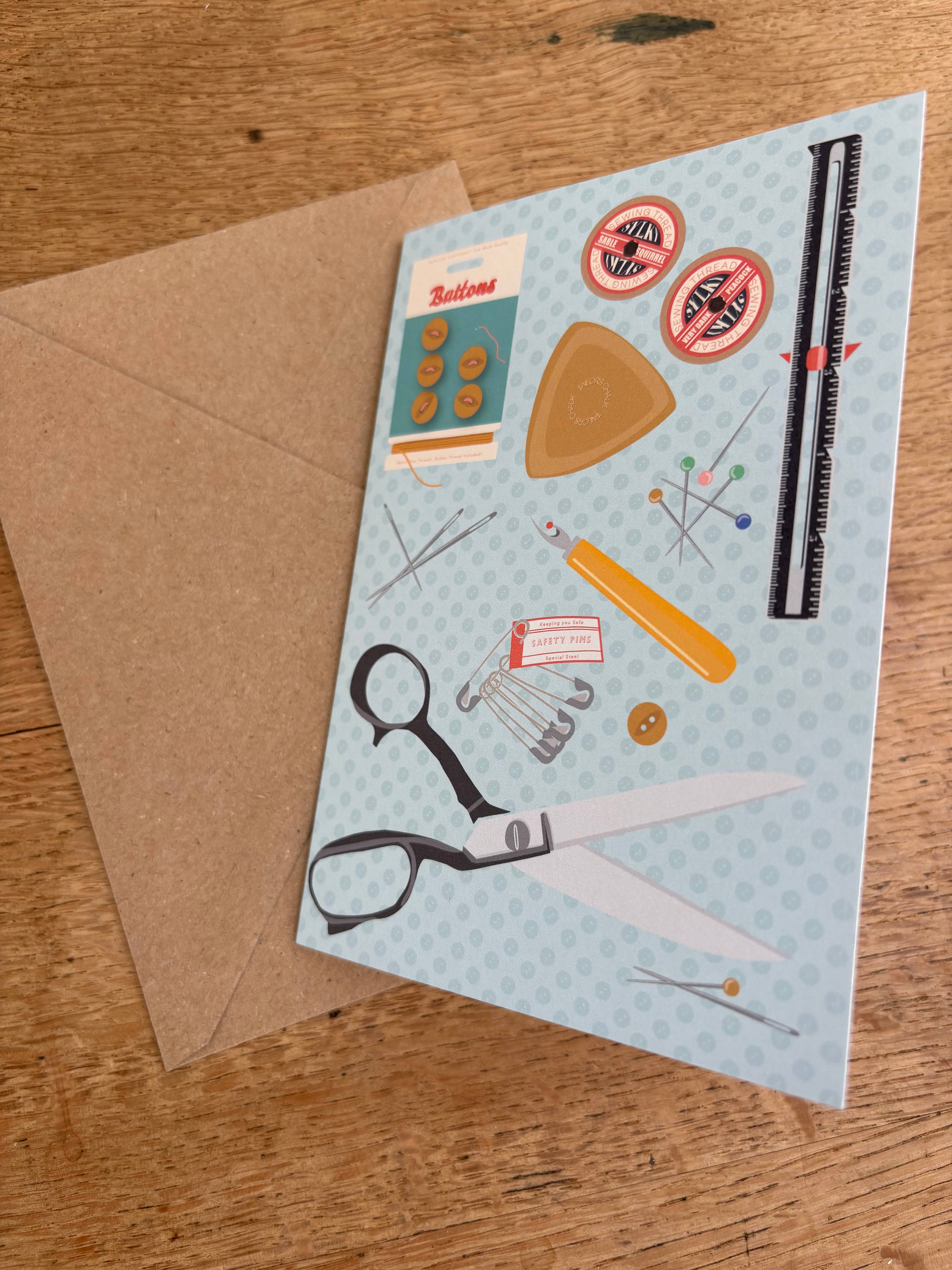 Two Stitches Patterns - Wholesale Everyday Greeting Card - Haberdashery Flat Lay - Sewing Themed Greetings Card 1