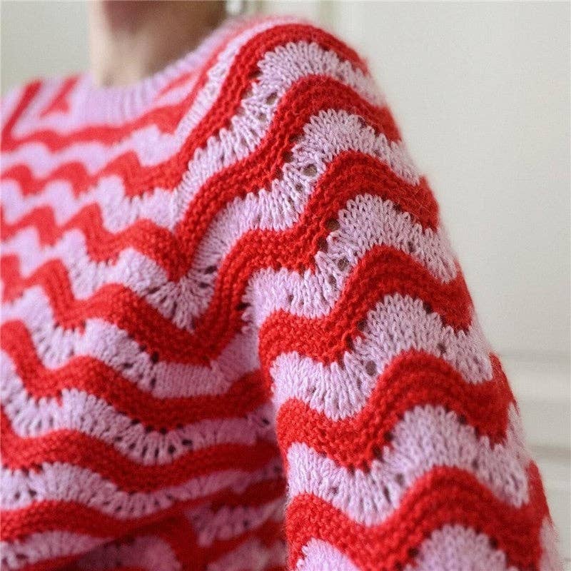 PINK Round Neck Color Block Wave Stripe Sweater for wholesale on Faire4