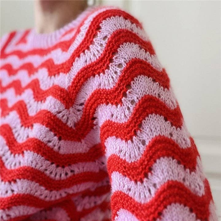 PINK Round Neck Color Block Wave Stripe Sweater for wholesale on Faire4