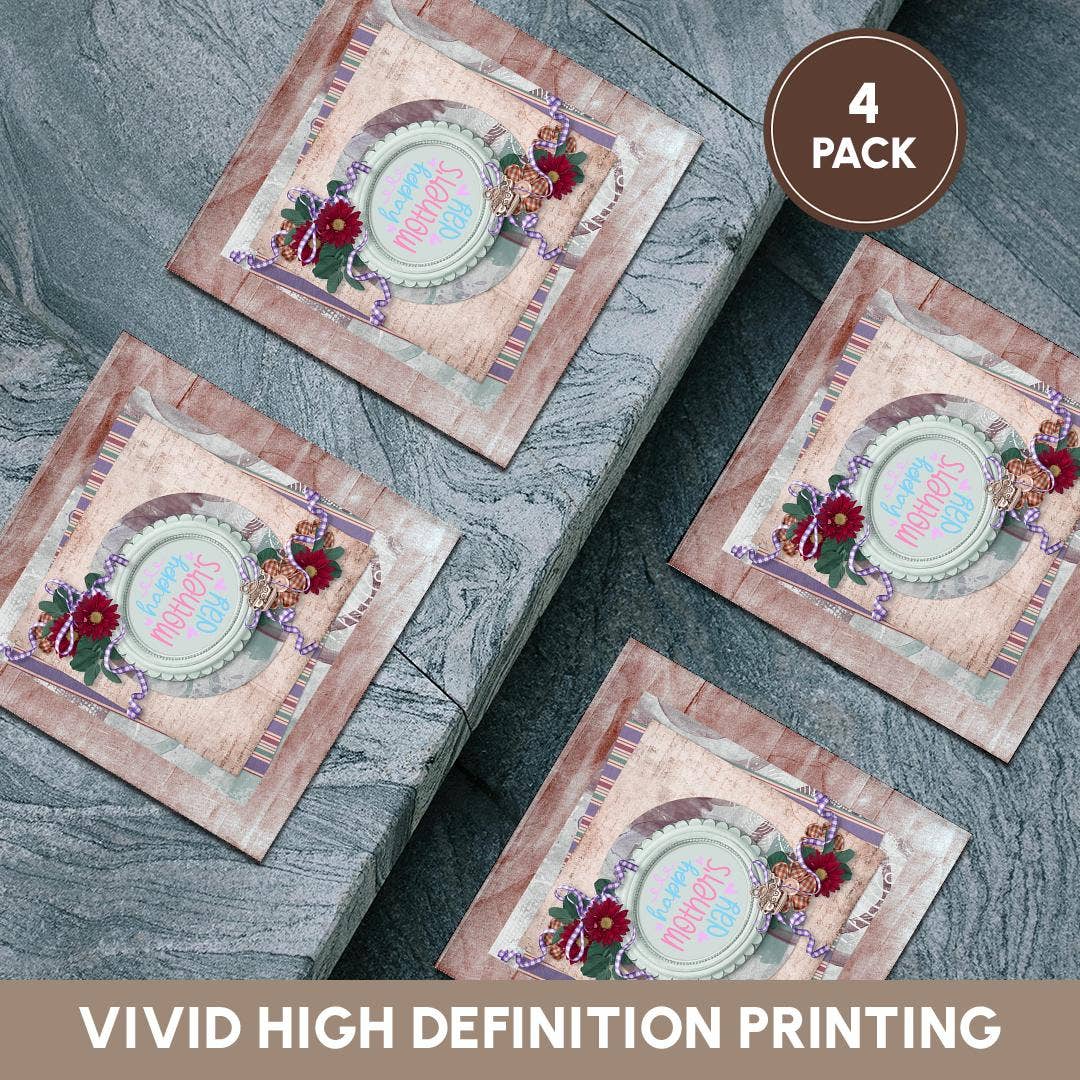 3dRose - Wholesale Onderzetters - 3dRose, Afbeelding van Moederdag in Flora Ronde Lijst, Theepot en Kopje Bedel, Onderzetter5