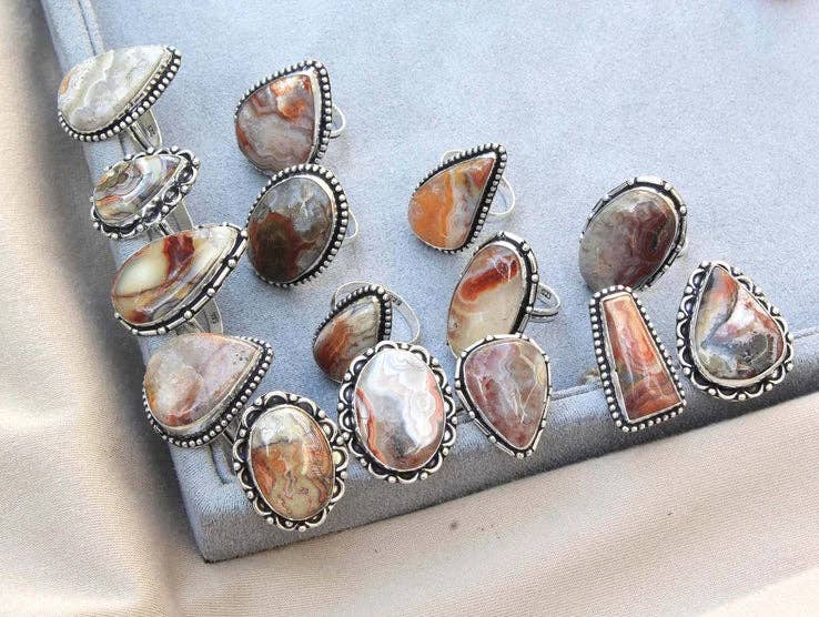 Handmade Jewels - Wholesale Cocktail/Statement Ring - Crazy Lace Agate Rings – Silver-Plated, Handmade, Swirly Earth-Tone Statement (US Sizes 6–10)8