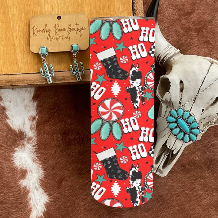 Ranchy Roan Boutique - Wholesale Insulated mug/tumbler - Cowprint Western Christmas 20 oz Skinny Tumbler