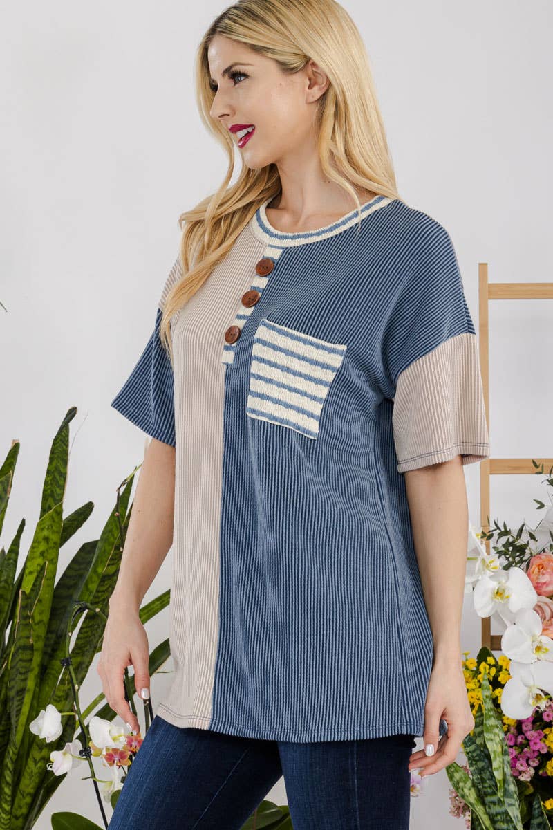 Celeste Clothing - Wholesale Tunic - Women's - URBAN RIB COLOR CONTRAST T-SHIRT WITH POCKET -CT43877A9
