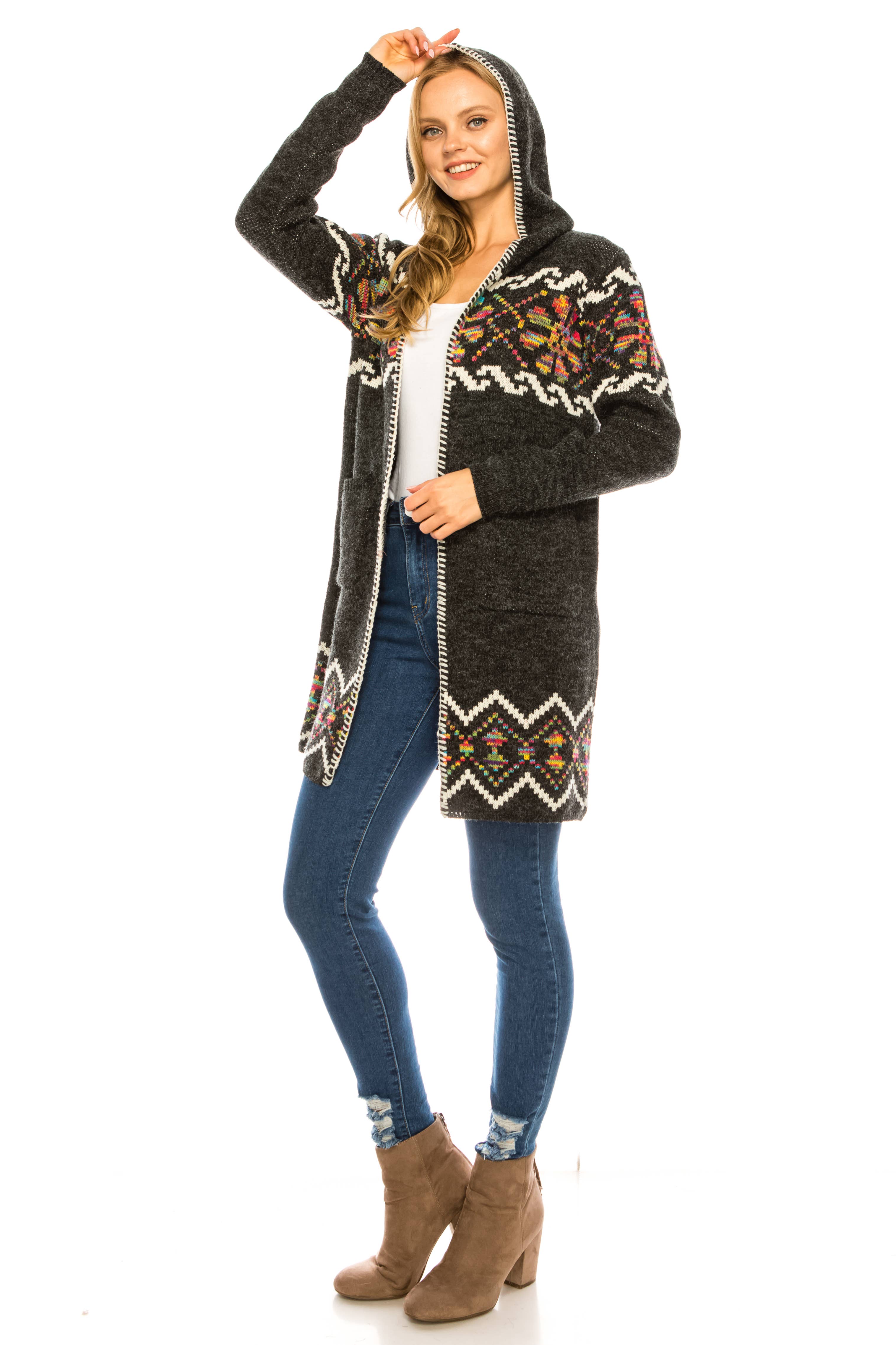 Oceanus Apparel - Wholesale Cardigan - Women's - OUG81327 Hooded floral patterned knit long cardigan sweater4