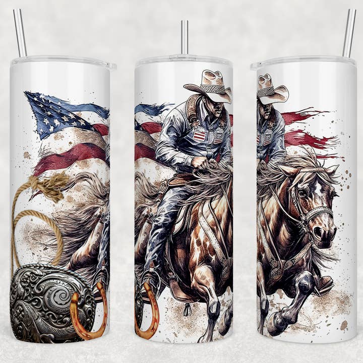 Gobelet skinny Rodeo & Red, blanc et bleu, 20 oz pour la vente par Dogwood Graphics & Design