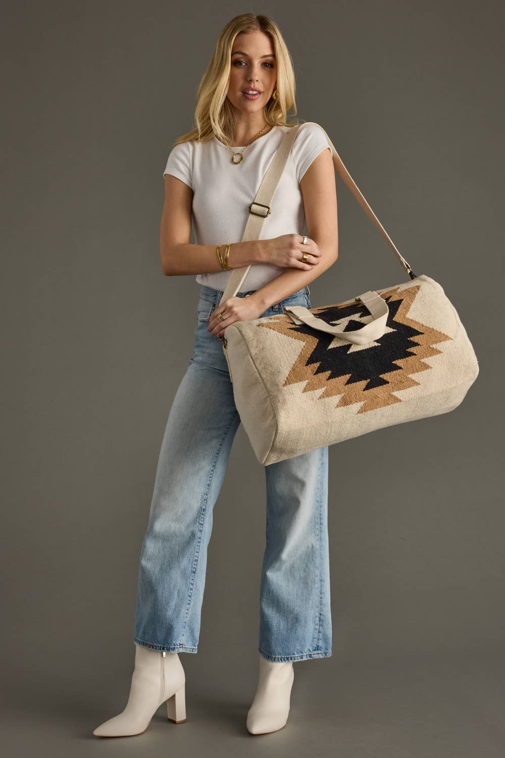 Panache Apparel Co. - Wholesale Weekender Bag - Women's - Cream, Tan & Black Aztec Duffel4