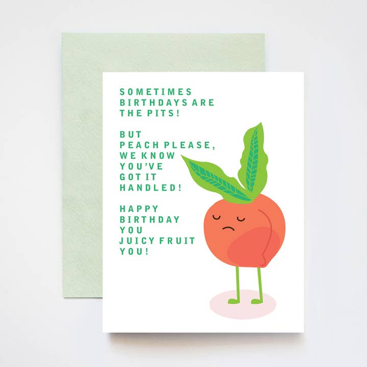 Peach Please Snarky Birthday Pits Greeting Card for wholesale by ILOOTPAPERIE