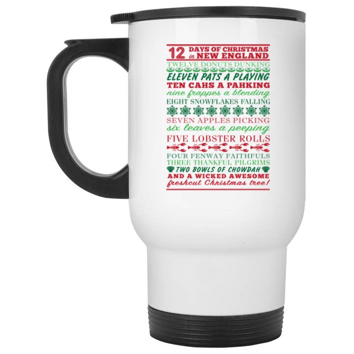 New England Christmas White Travel Mug for wholesale by Mad Hatter Mug