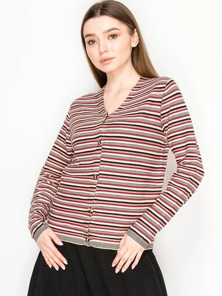 Striped Knit Cardigan In Red And Beige for wholesale by Yal New York