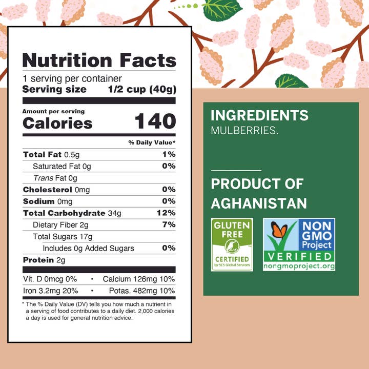Ziba Foods – wholesale Dried/dehydrated fruit – Dried White Mulberries Single-Serve Snack, Vegan 1 oz