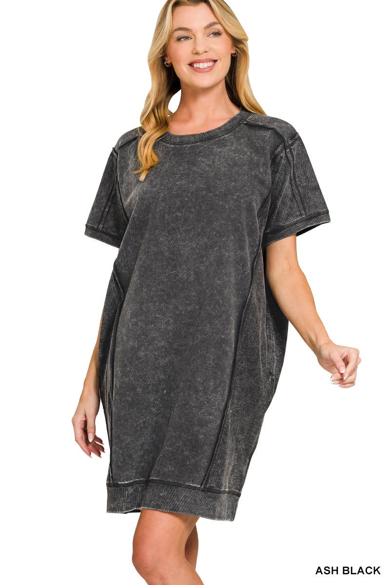 Vanilla Monkey – wholesale Dress – Women's – F/terry Acid Wash Short Sleeve Dress With Pockets0